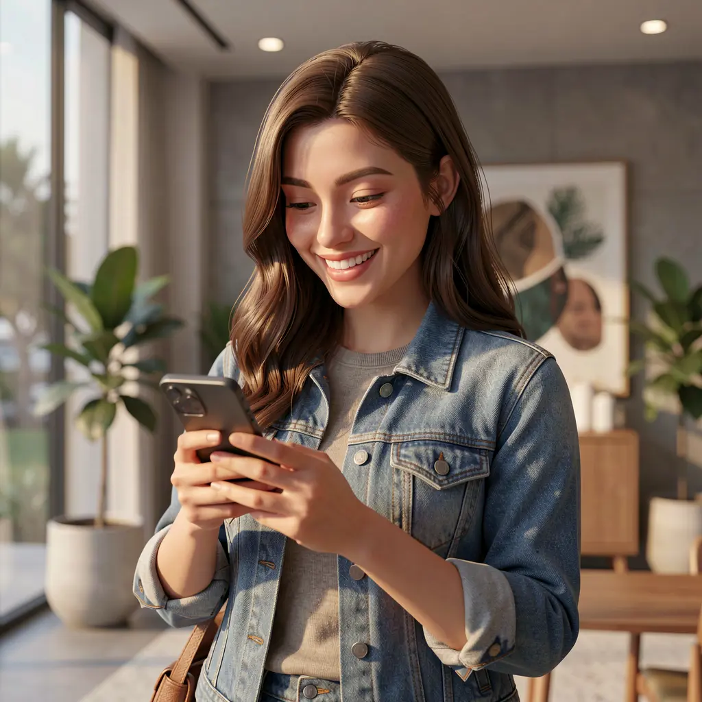 Stylish Pakistani woman focused on her smartphone while using the EQ688 gaming app in a modern indoor setting