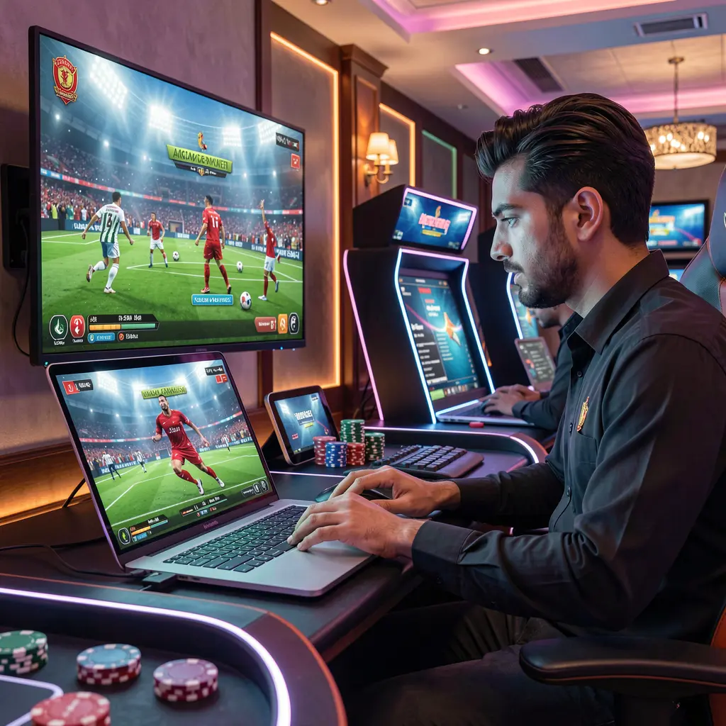 Focused Pakistani bettor analyzing live sports odds on a laptop while following a match on TV using EQ688 in a modern betting setup