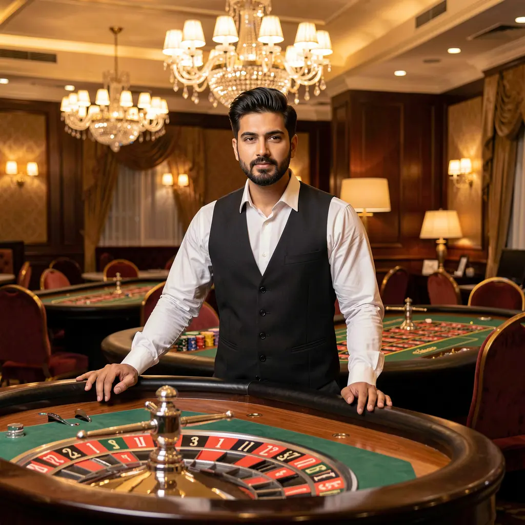 Professional casino dealer standing at a glowing roulette table with luxury chandeliers behind him representing the high class live casino atmosphere of EQ688 in Pakistan