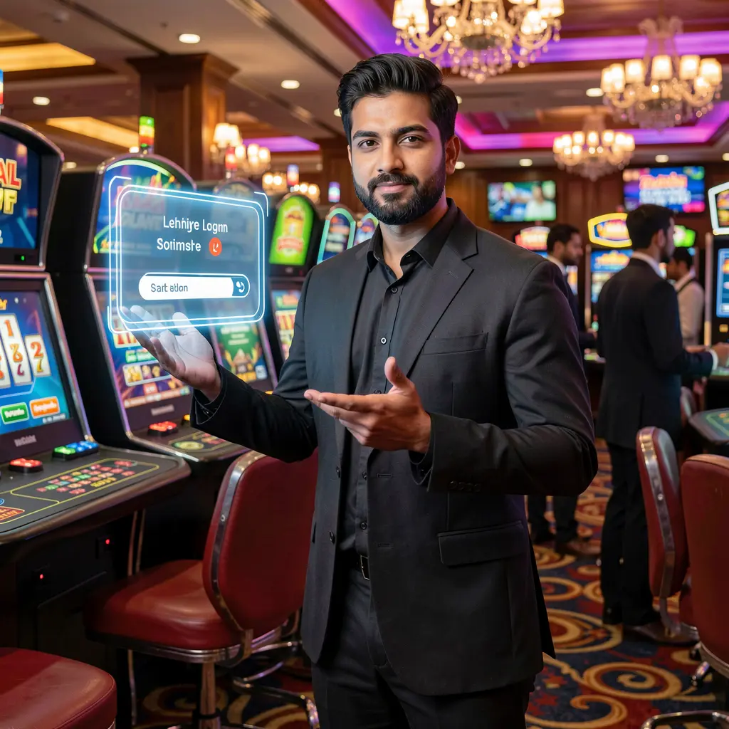 Stylish Pakistani casino host pointing toward a glowing holographic login button in a vibrant EQ688 casino atmosphere